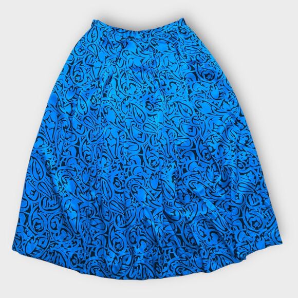 80s Silk Blue Black Leaf Block Boho Tribal Print Midi Skirt Modern Sz 4 - Picture 1 of 5